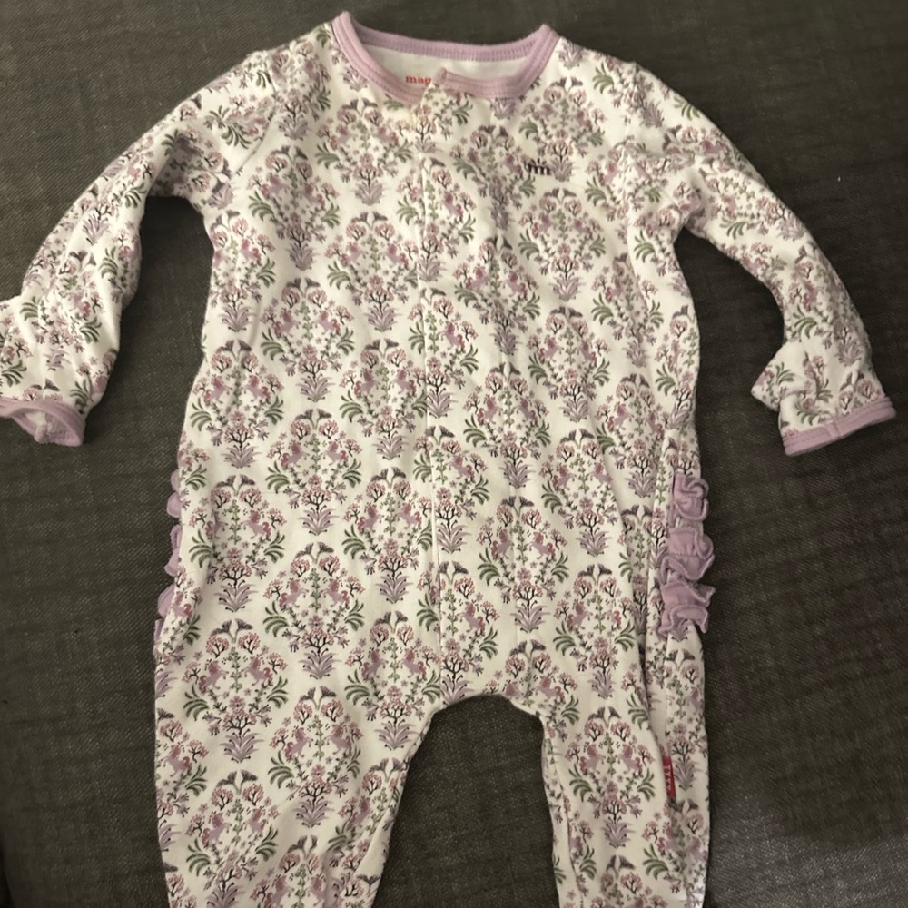 Magnetic Me purple floral footed onesie with ruffle bottom